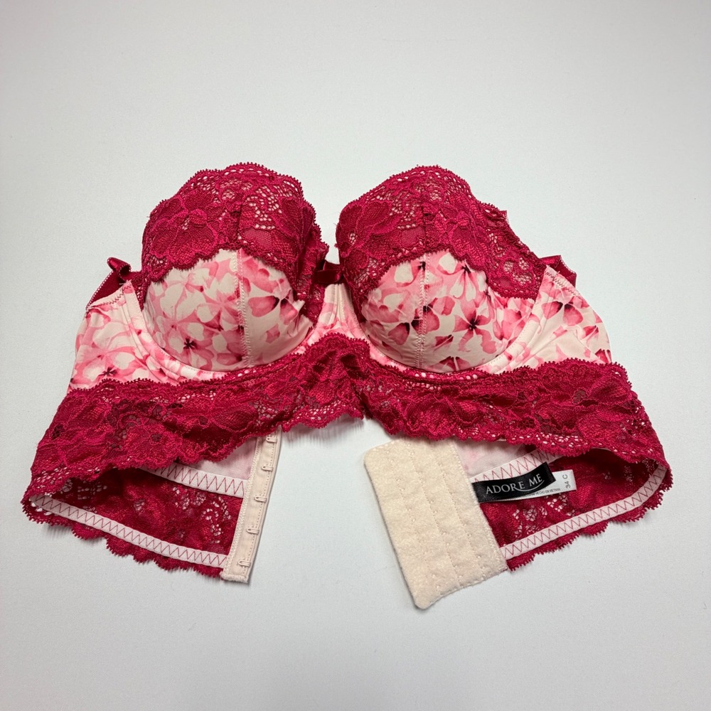 Adore Me Longline Underwire Bra 34C Pink Floral Red Lace Balconette Coquette